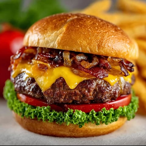 A grilled bacon cheeseburger with lettuce and tomato.