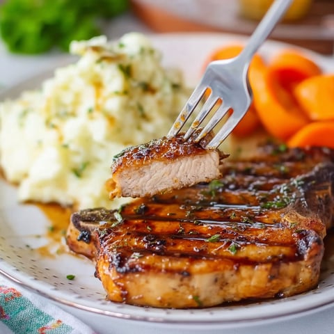 A fork is being used to eat grilled balsamic pork chops.
