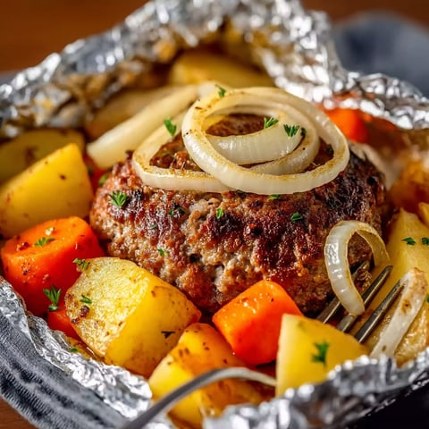 A hamburger with onions and potatoes in a foil packet.