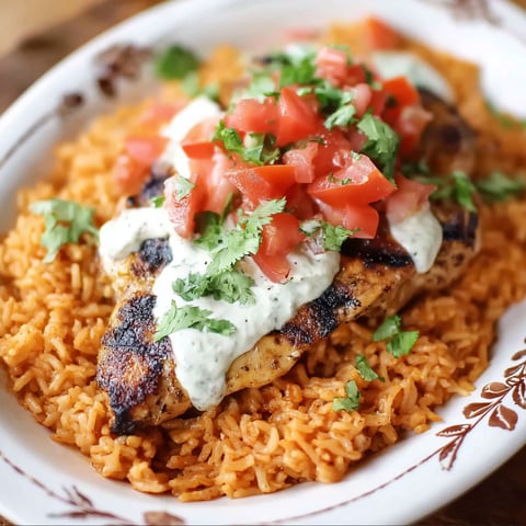 A plate of grilled chicken with tomatoes and sour cream.
