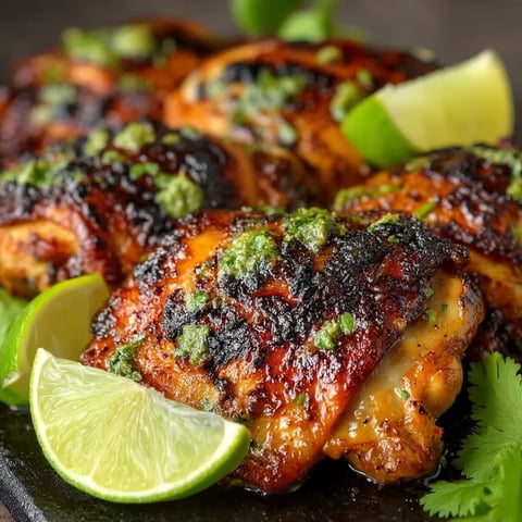 A plate of chicken with cilantro and lime.