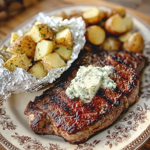 A plate of steak with a blue sauce on it.
