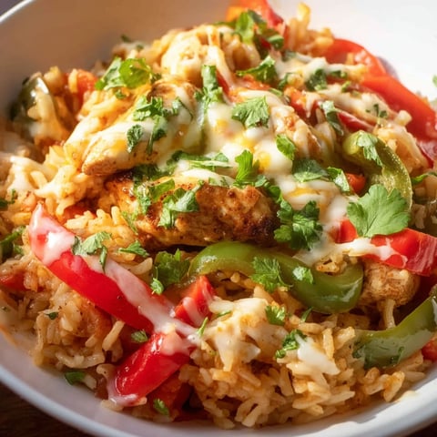 A bowl of rice with chicken and peppers.
