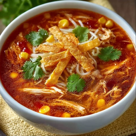 A bowl of chicken tortilla soup with chips on top.