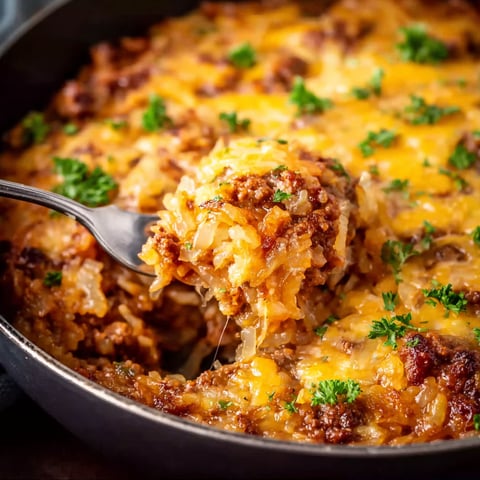 A close up of a crock pot sloppy joe hash brown casserole.