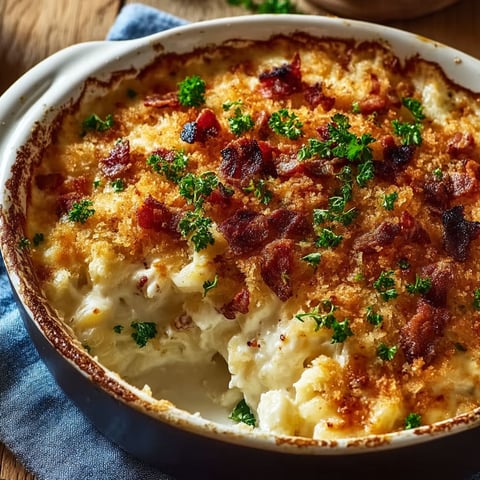 A casserole dish with bacon and cheese.