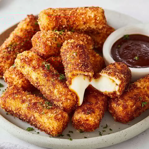 A plate of crispy Nashville hot mozzarella sticks.