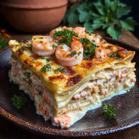 A seafood lasagna with shrimp and crab.