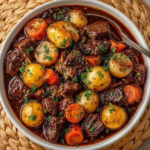 A bowl of beef bourguignon with potatoes and carrots.