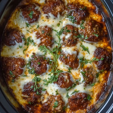 A close up of a crock pot filled with meatballs and cheese.
