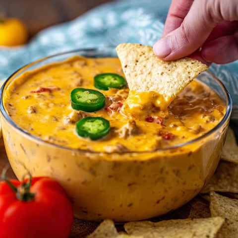 A person is taking a chip out of a crock pot of smoked queso dip.