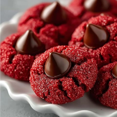 A plate of red velvet cookies with chocolate drizzle.