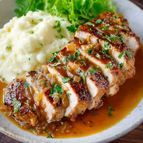 French onion pork chops with mashed potatoes and greens.