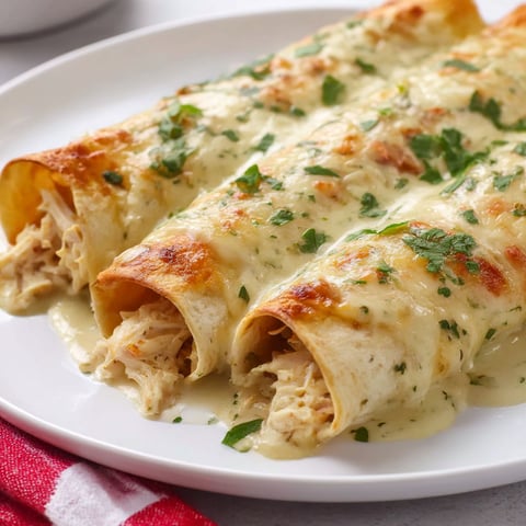 A plate of white chicken enchiladas.