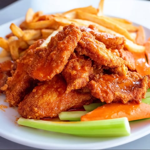 A plate of boneless chicken wings with fries.