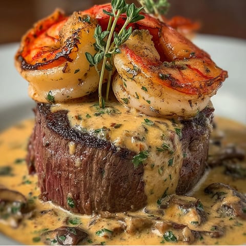 A plate of food with a steak, shrimp, and lobster on top.
