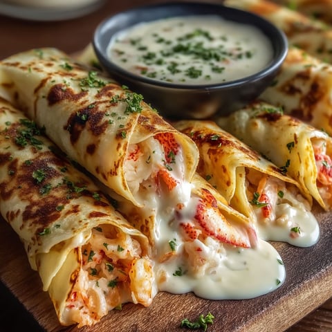 A plate of food with a bowl of sauce and a crab cake.