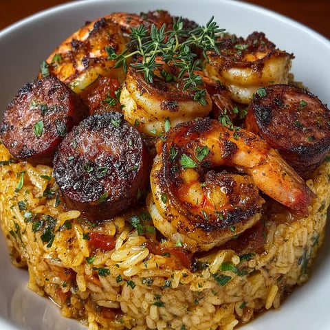 A bowl of jambalaya with shrimp, sausage, and rice.