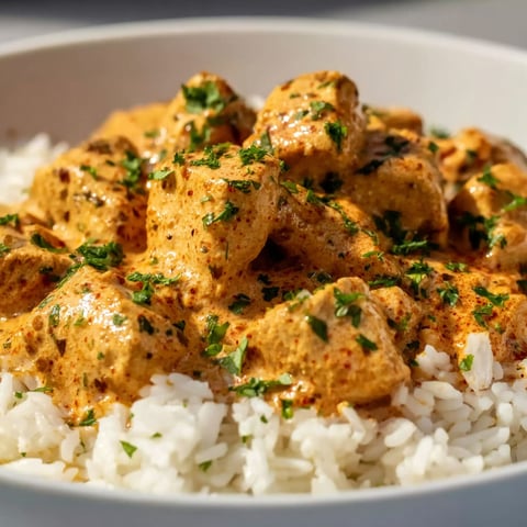 A bowl of rice with chicken and sauce.