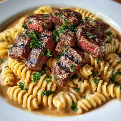 A plate of garlic butter steak and pasta.