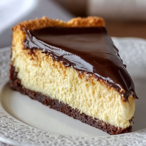 A slice of Boston Cream Pie Cheesecake.