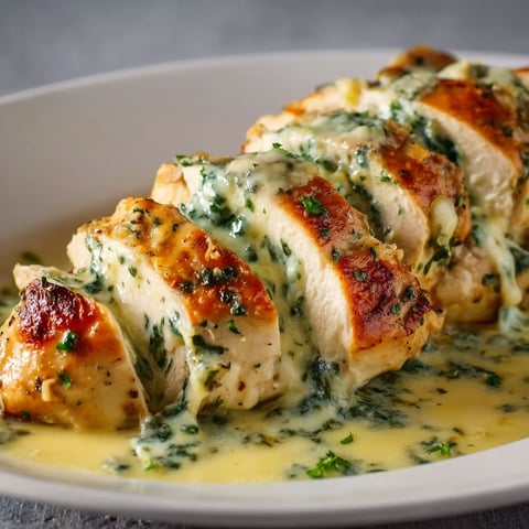 A plate of chicken covered in a creamy herb sauce.