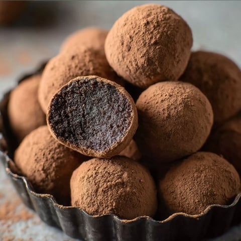 A tray of chocolate balls with a black spot in the middle.