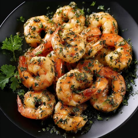 A plate of shrimp with garlic and herbs.