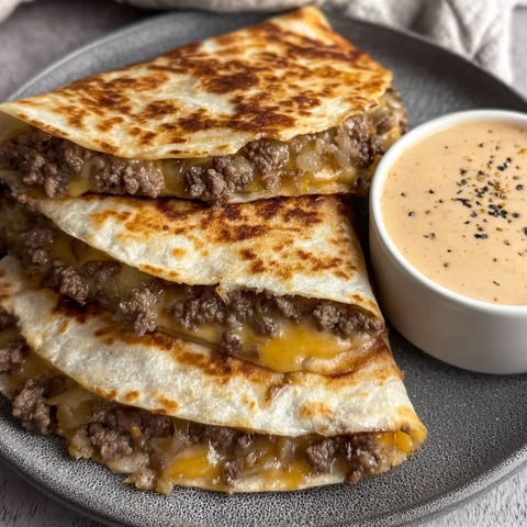 A plate of cheeseburger quesadillas with a bowl of dipping sauce.