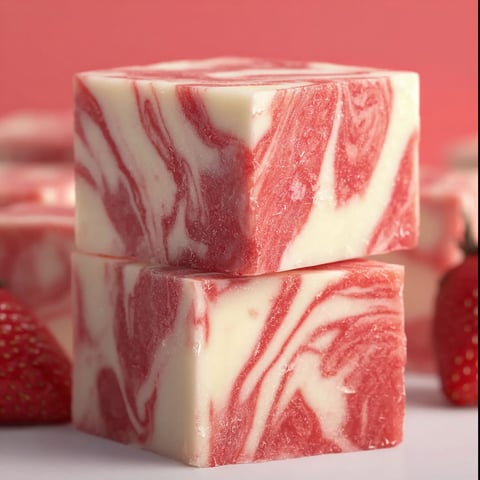 A piece of red and white fudge with strawberries on top.