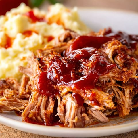 A plate of oven roasted pulled pork with barbecue sauce.