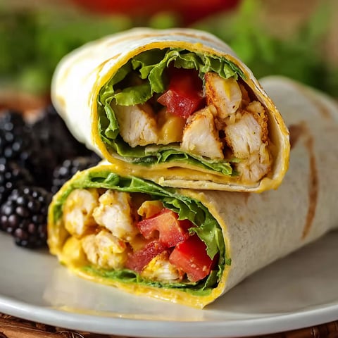 A plate with two wraps filled with chicken and tomatoes.