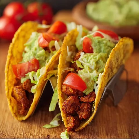 Two tacos with lettuce and tomatoes.