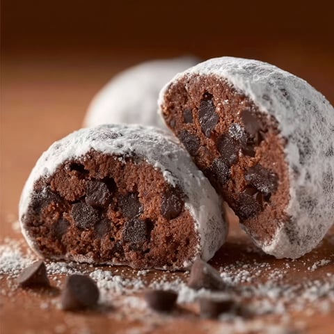 Two chocolate snowball cookies on a table.