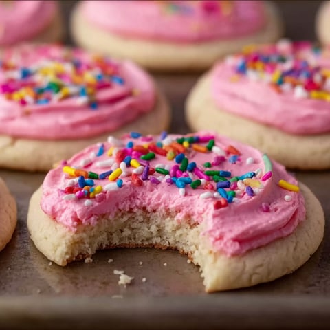 A cookie with pink frosting and sprinkles.