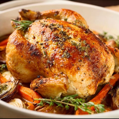 A whole roasted chicken with herbs and spices.