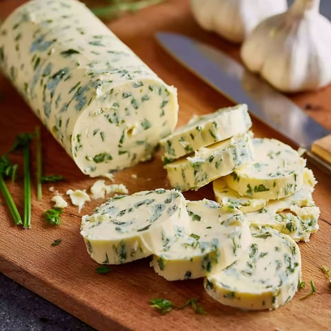 A wooden cutting board with sliced garlic herb butter.