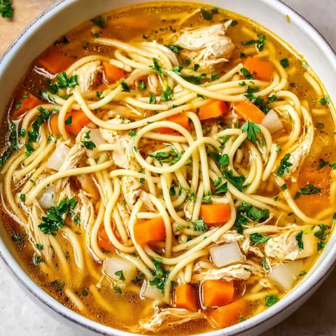 A bowl of soup with noodles and chicken.