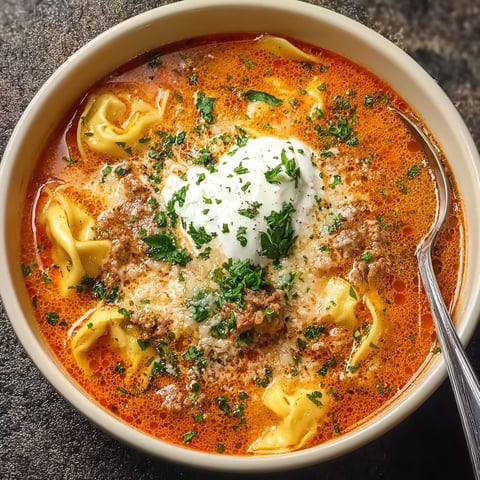 A bowl of meatball and tortellini soup.