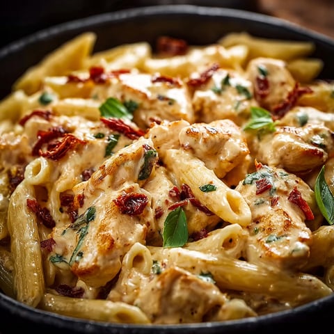 A bowl of creamy chicken penne pasta.