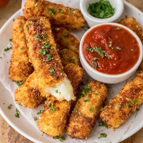 Mozzarella sticks in a bowl with marinara sauce.