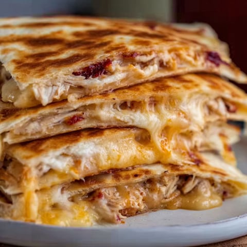 A stack of quesadillas with turkey and cheese.